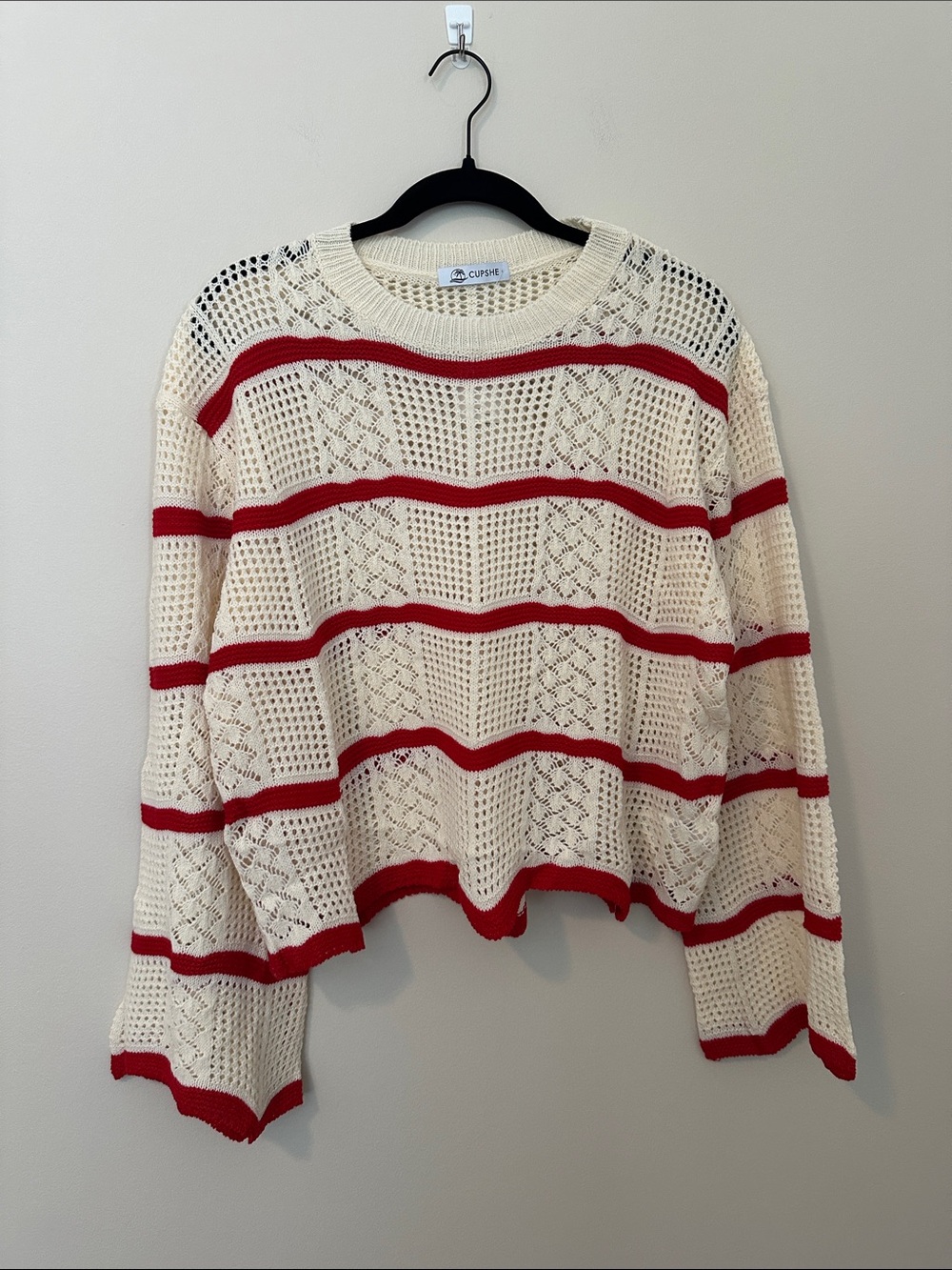Cupshe Cream Open-Knit Crew Sweater with Red Stripes